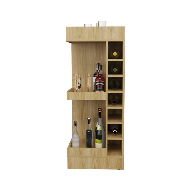 3-Tier Corner Bar Cabinet With Fourteen Wine Bottle Cubbies, Oak