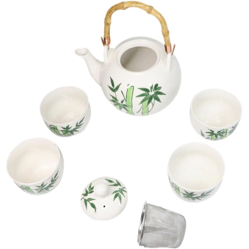 Ensemble de théière en porcelaine verte avec poignée en bambou et 4 tasses à thé Green Bamboo Forest