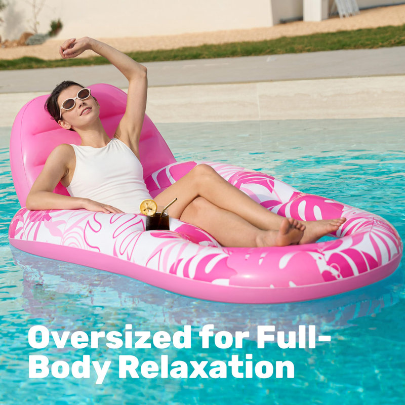 Inflatable Pool Floats Lounger with Cup Holders Foot Rest, Pink/White