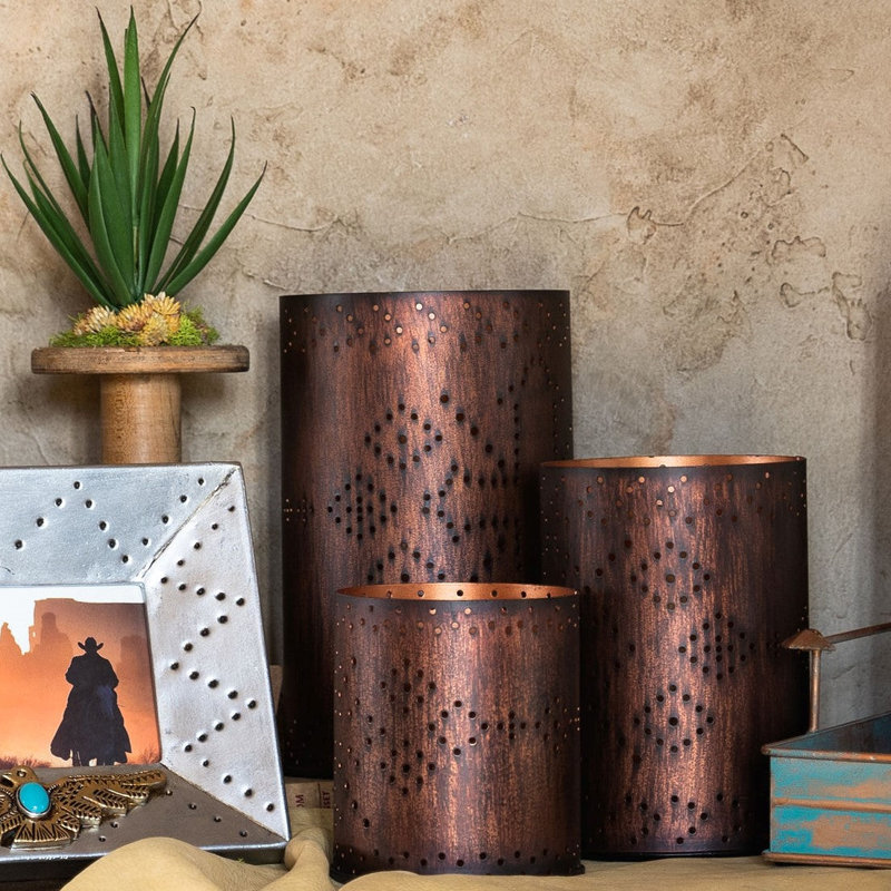 Saguaro Cactus Distressed Metal Cylinder Pillar 3 Piece Candle Holder Set