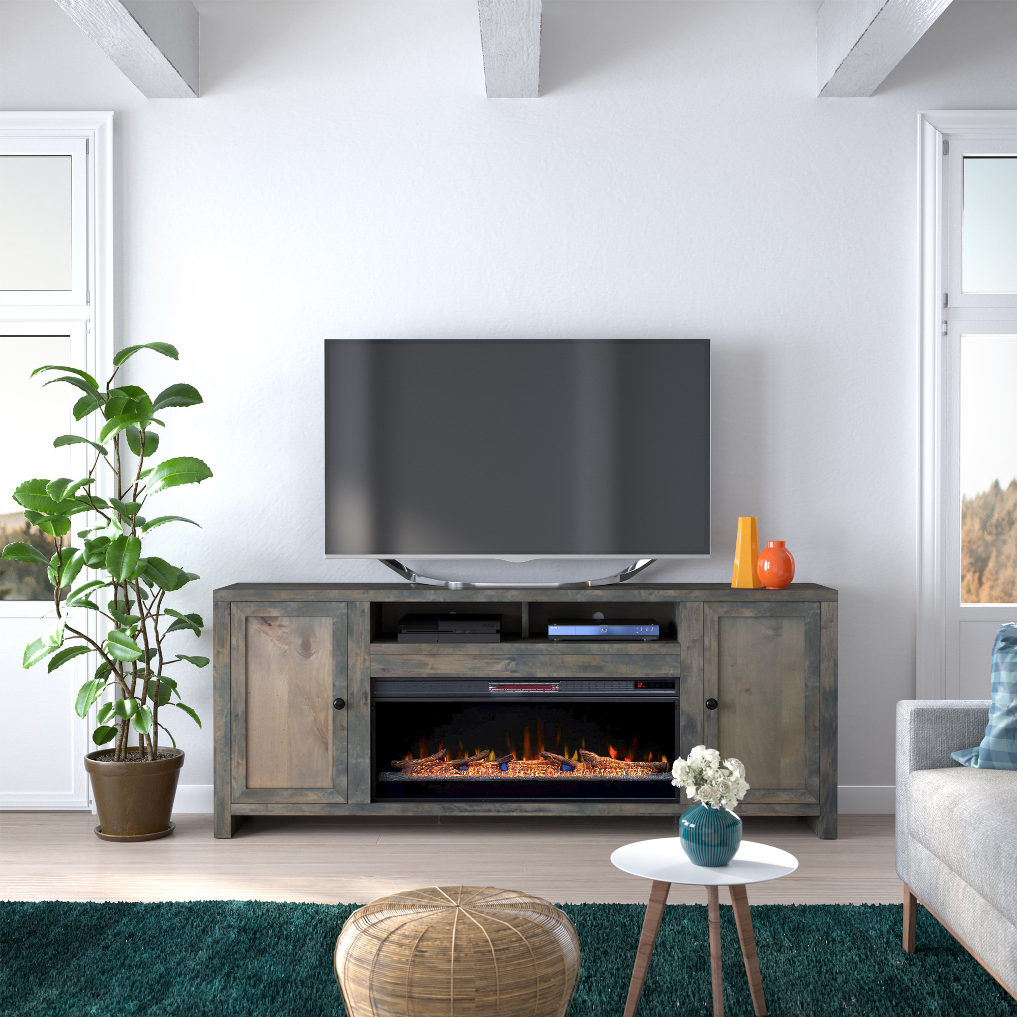 Columbia 83 inch Electric Fireplace TV Stand for TVs up to 95 inches Barnwood Finish