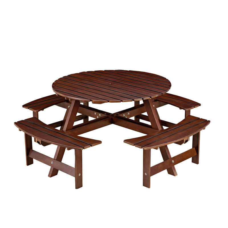 All-in-One 8 Person Outdoor Picnic Table Set, Round Brown Patio Table with 4 Built-In Benches and Center Umbrella Hole, Brown