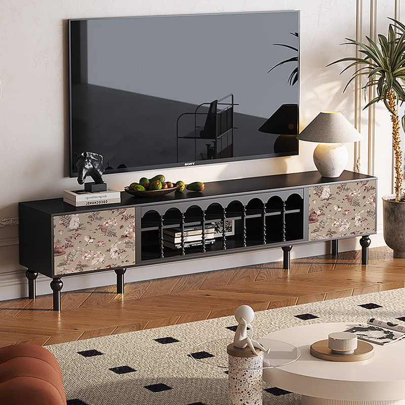 Meuble télé avec rangement peint français rétro, H 21,26 po x l 70,87 po x P 15,75 po, Noir