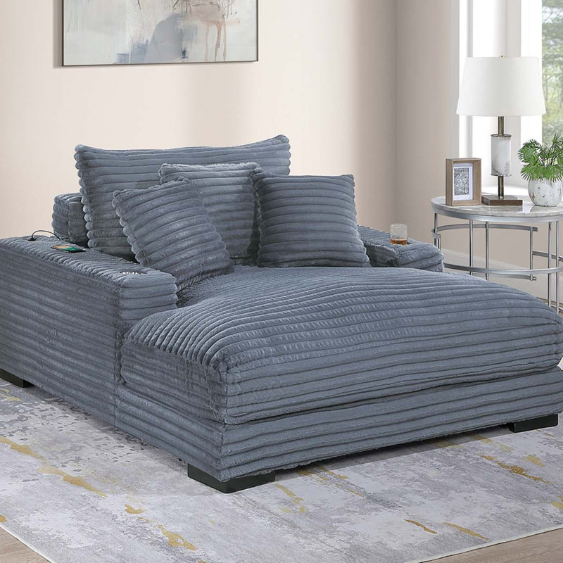Chaise longue moderne avec 2 porte-gobelets et ports USB en velours côtelé gris, Gris