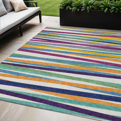 Tapis extérieur lavable rayé bleu vert et cuivre 5 pi x 8 pi
