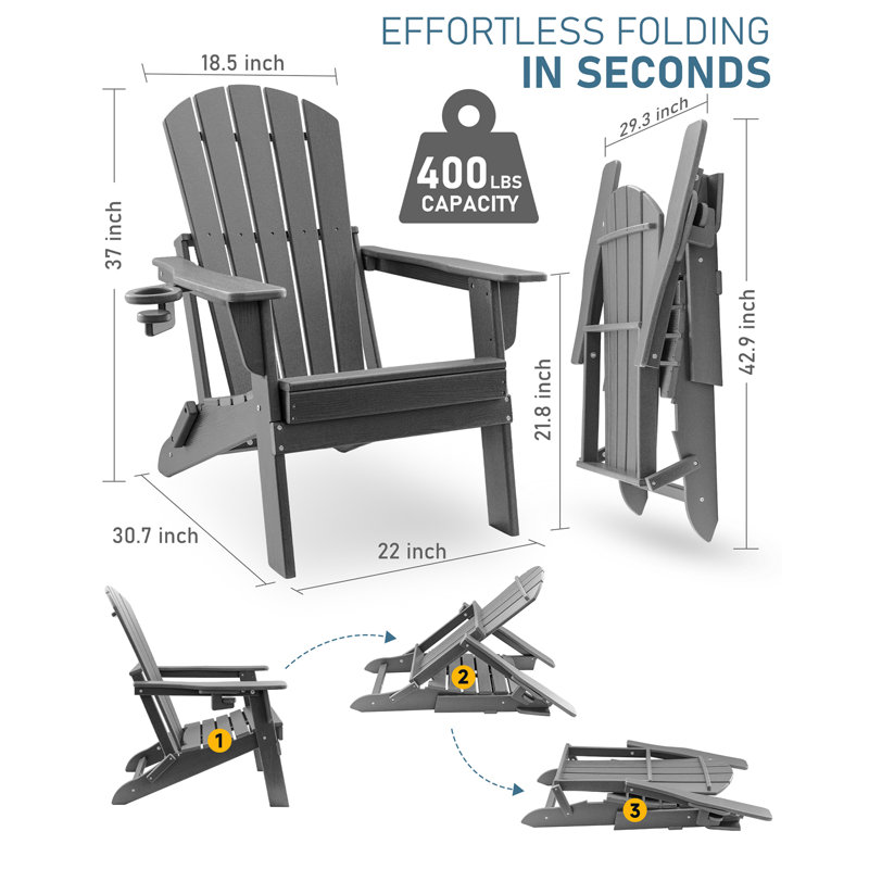HDPE Folding Adirondack Chair With Cup Holder,Weather-Resistant, Low Maintenance,Supports Up To 400Lbs,4 Pack, Gray