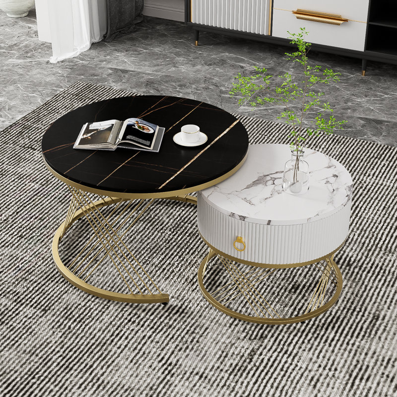 Round Nesting Coffee Table Set Marble Effect Drawer Gold Metal Legs Side End Units Living Room Furniture Base, White & Black