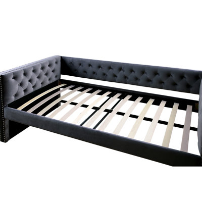 Daybed With Trundle In Gray Transitional Aesthetic, Padded Flannelette Upholstery Button , Nailhead Trim Design, Slat Kit Supplied Of Atmosphere, - Offered