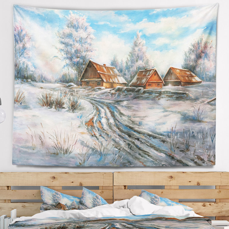 Paysage neige village tapisserie, H 32 po x l 39 po
