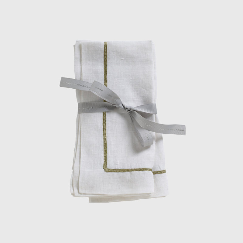 Linen Square Napkins, White/Gold