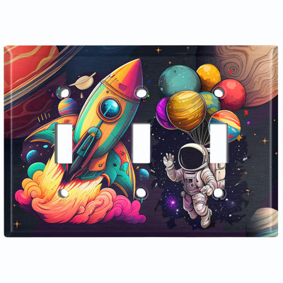 Colorful Animated Astronaut Space Ship Copper Rust Patina Teal Print 3 - Gang Toggle Light Switch Standard Wall Plate