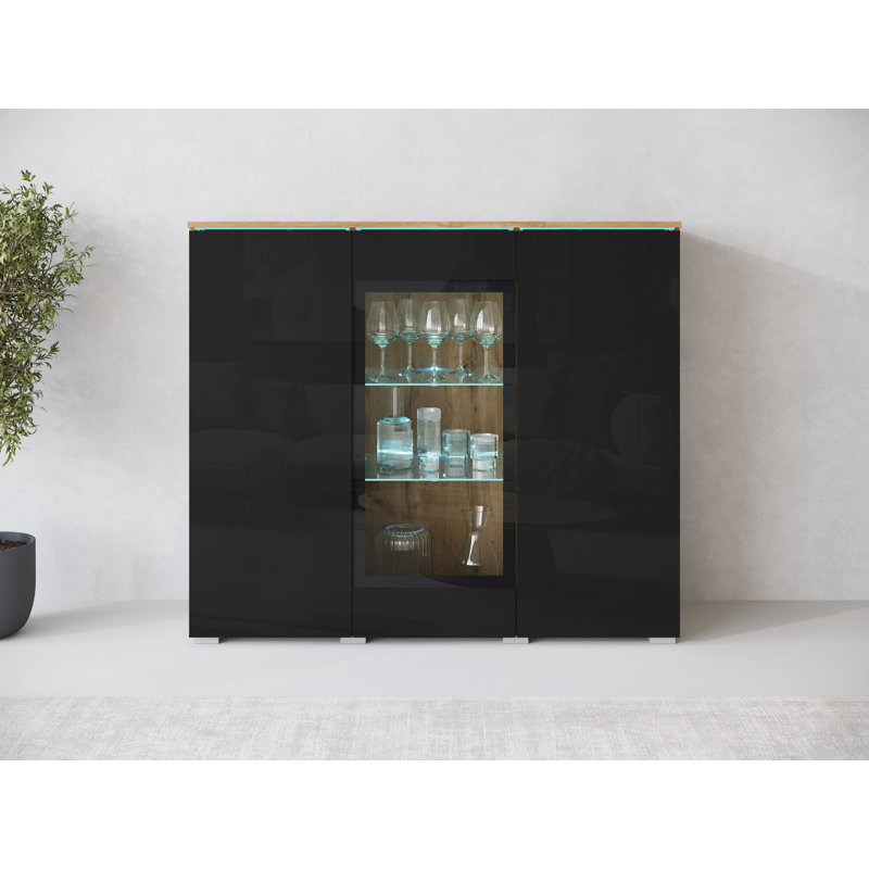 Dejanee Cm, Chest Of Drawers With Glass Panels, With Led Lighting, Wotan Oak/Black