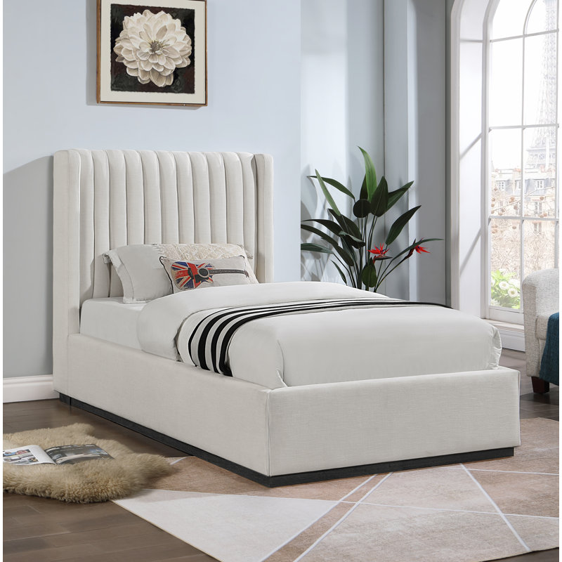Lit à panneaux tapissier Chamblis, Tissu texturé en lin beige, Simple