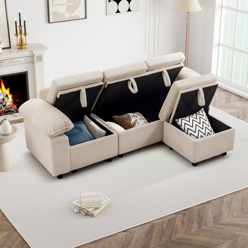 Waldorf 91.7" 3-Seat Sectional Sofa with Ottoman and Built-In Storage, Beige