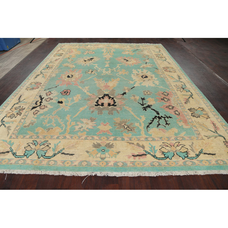 Tapis décoratif bleu/beige en laine de conception unique 8 pi 9 po x 11 pi 5 po noué à la main New Age