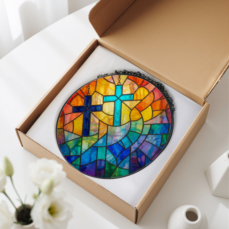 7.8"H Cross Light Stained Glass Window Panel, 7.8" H x 7.8" W