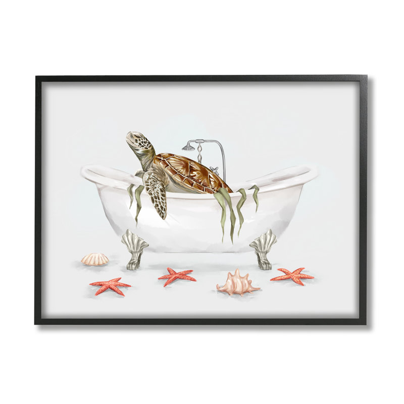 «Turtle Bathaign Sea Life Seaweed» encadré sur bois par Ziwei Li, impression, Giclée encadrée noir minuit, L 11 po x H 14 po