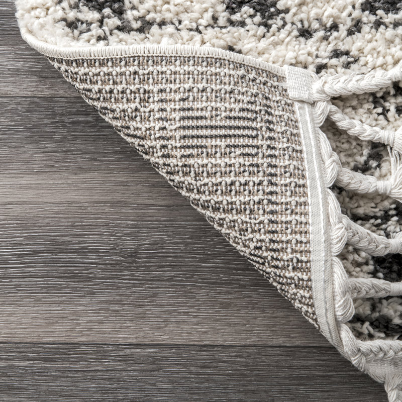 Adry Moroccan Shag Tasseled Cream/Charcoal Area Rug, Rectangle 10'6" x 14'3"