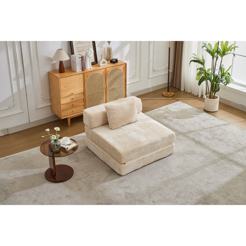 Canapé à compression, canapé-lit à plancher convertible à structure fixe, canapé modulaire à assise simple sans os, sans assemblage requis, tissu chenille, pour la chambre du salon, beige