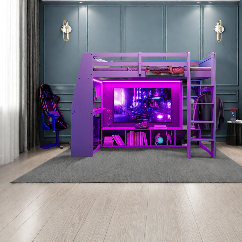 Lit mezzanine en bois avec bureau et rangement, gris moderne
