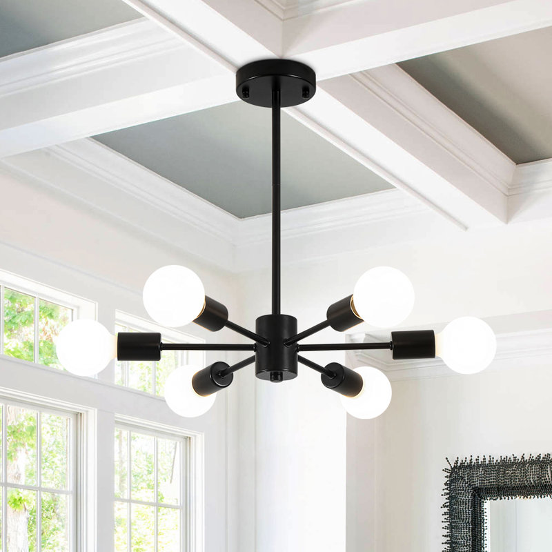 Mid-Century Modern 6-Light Iron Sputnik Semi Flush Mount Ceiling Light, Matte Black