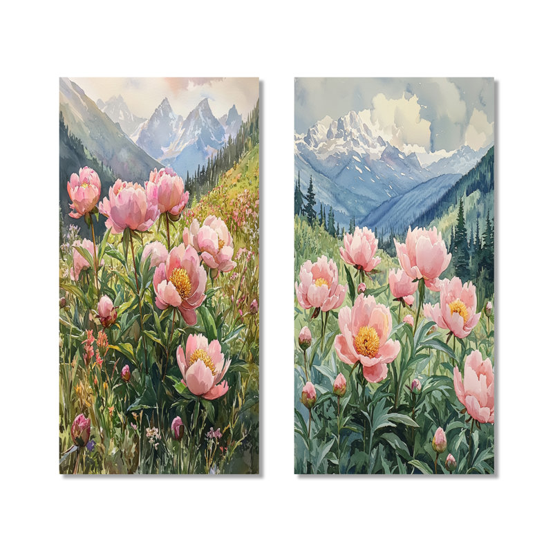Pivoines dans la vallée balayée par le vent I - art mural floral 2 panneaux, H 40 po x l 41 po, Toile tendue
