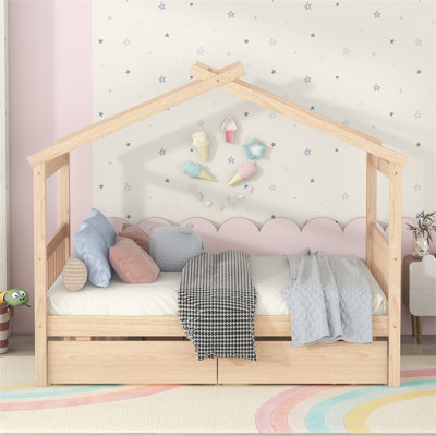 Wooden House Bed with Drawers, Natural