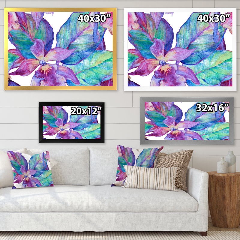 Turquoise et orchidée mauve - peinture sur toile, H 12 po x l 20 po, Cadre photo argenté