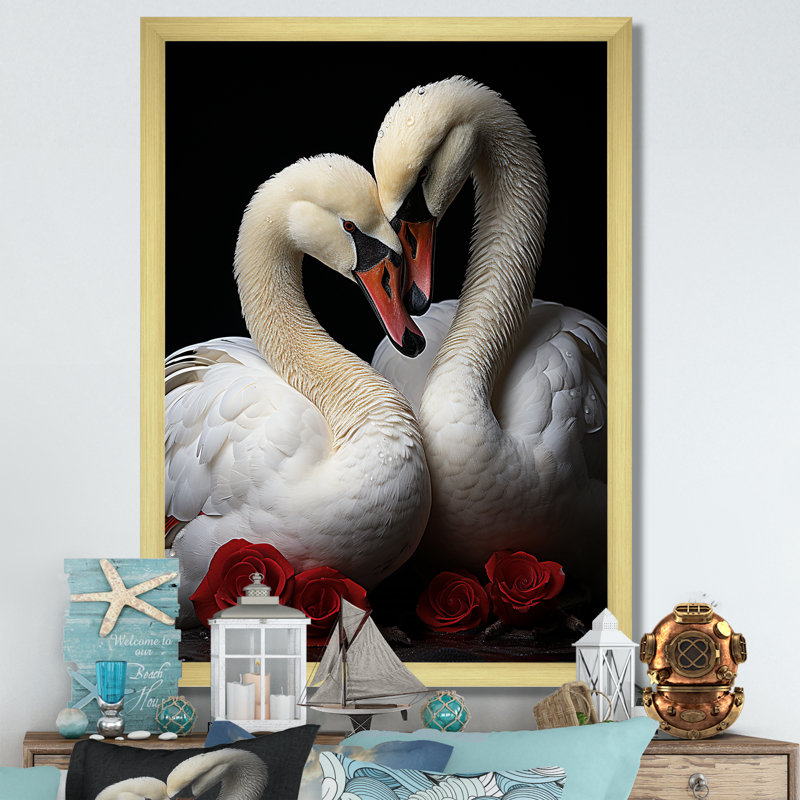 Portrait romantique de cygnes - décoration murale animaux cygnes, Cadre doré simple, H 40 po x l 30 po