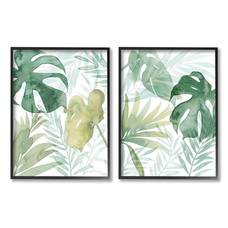 «Layered Green Plant Leaves», ensemble de 2 impressions sur toile encadrées par Grace Popp, Giclée encadrée noir minuit