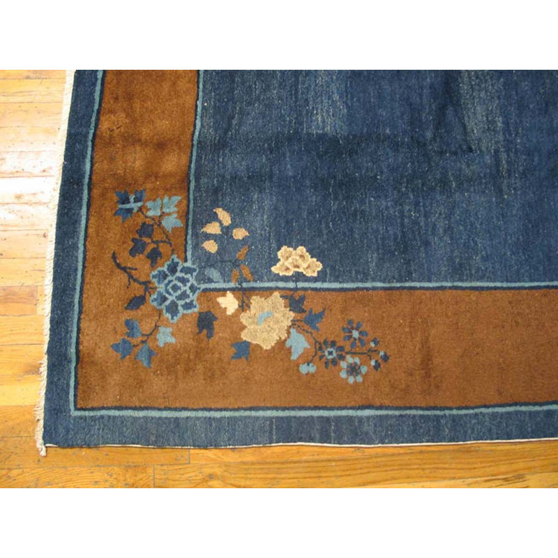 Rectangle Blue Antique Wool Hand Knotted Pile Floral Medallion 1900s Rug