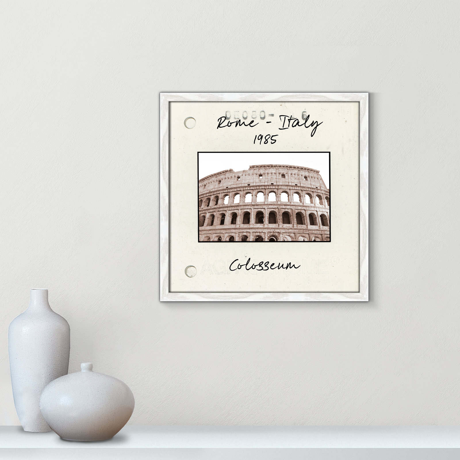 Travel Slide Collection "Rome, Italy - Colosseum" Print, White Single Picture Framed Paper, 17" H x 17" W x 0.75" D