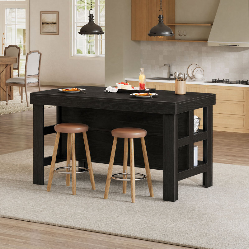 Kitchen Island With Storage Shelves For Kitchen Dining Room, Black