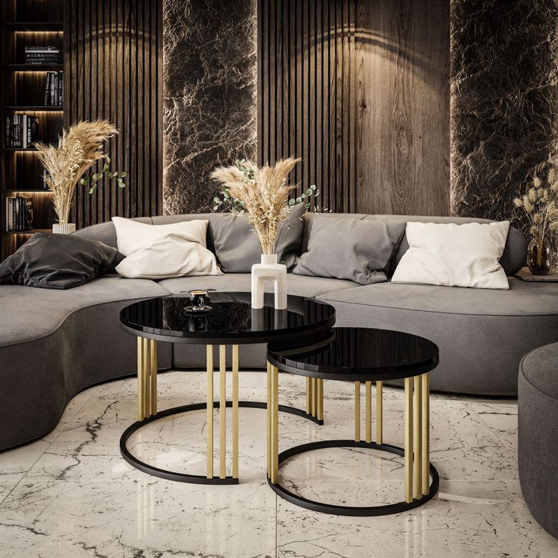 Downey 2 Piece Coffee Table, High-gloss Black, Black/Gold
