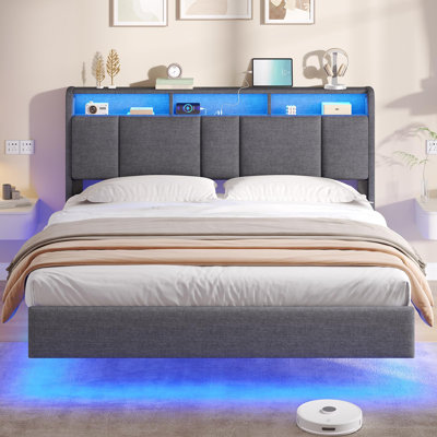 Upholstered Bed Frame with Storage Headboard - Platform Floating Design