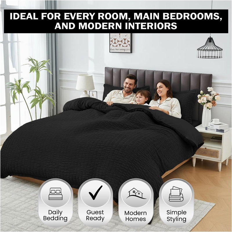 Polyester Duvet Cover Set, Double Duvet Cover + 2 Standard Pillowcases, BLACK