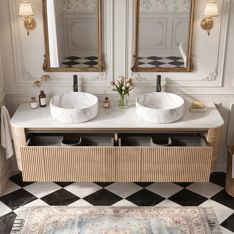 Meuble-lavabo mural 72 po avec comptoir en marbre, Chêne