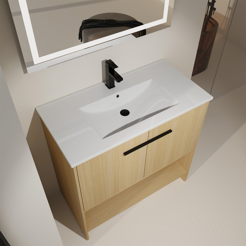 Meuble-lavabo 36 po avec lavabo en céramique, 2 portes à fermeture douce, meuble-lavabo autoportant, contreplaqué, Chêne