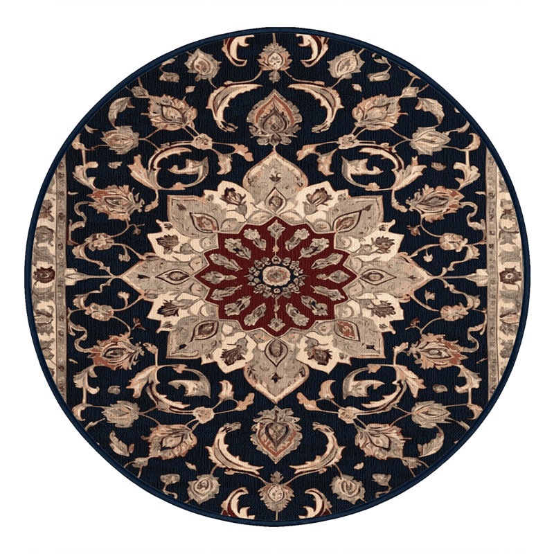 Machine Washable Persian Black Area Rug, Round 8'