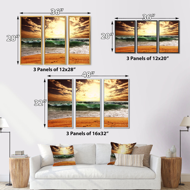 «Rager Green Waves At Sunset - Sea & Shore», ensemble de 3 toiles murales encadrées, H 28 po x l 36 po x P 1 po