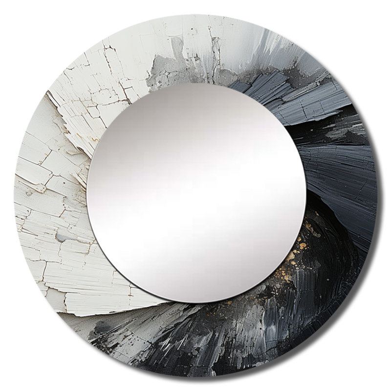 Saundria contrastant harmonie III - miroir spirales abstraites, miroir mural rond beige unique, art imprimé en métal