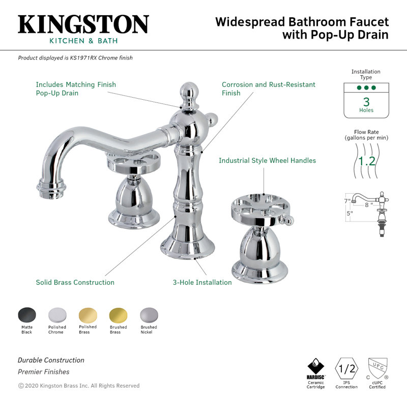 Robinet de salle de bain espacé Kingston, Laiton poli