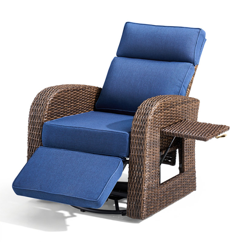 Fauteuil inclinable pivotant d'extérieur en osier avec dossier réglable, repose-pieds et plateau latéral, Blue