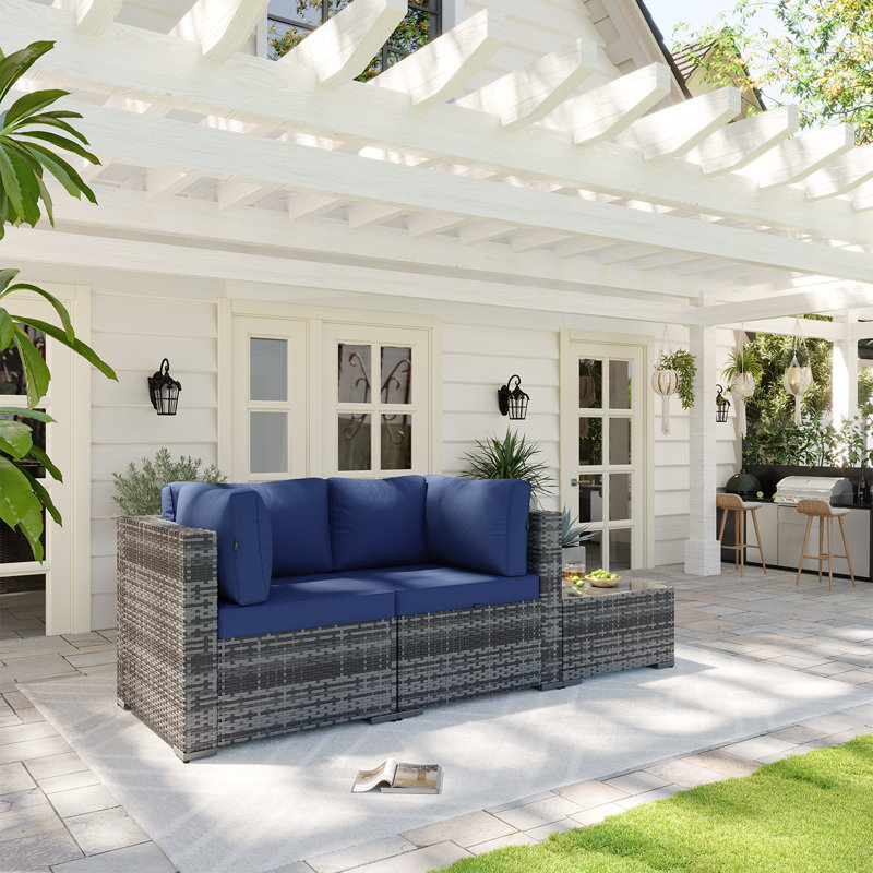 3 -Person Rattan Patio Safo With Cushions, Gray, Dark Blue