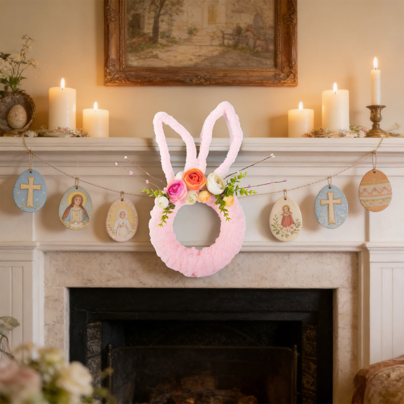 Couronne de pâques en forme de lapin de Pâques convenant à une vitrine suspendue ou à une décoration générale de Pâques / printemps