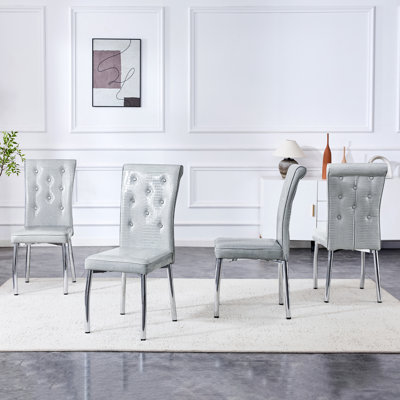 A Set Of 4 Gray And Silvery Vintage Crocodile Leather Cushioned Dining Chairs, Featuring Crystal Clasp Design And Artificial Leather Design, Adding A Touch Of Elegance And Mystery To The Dining Area