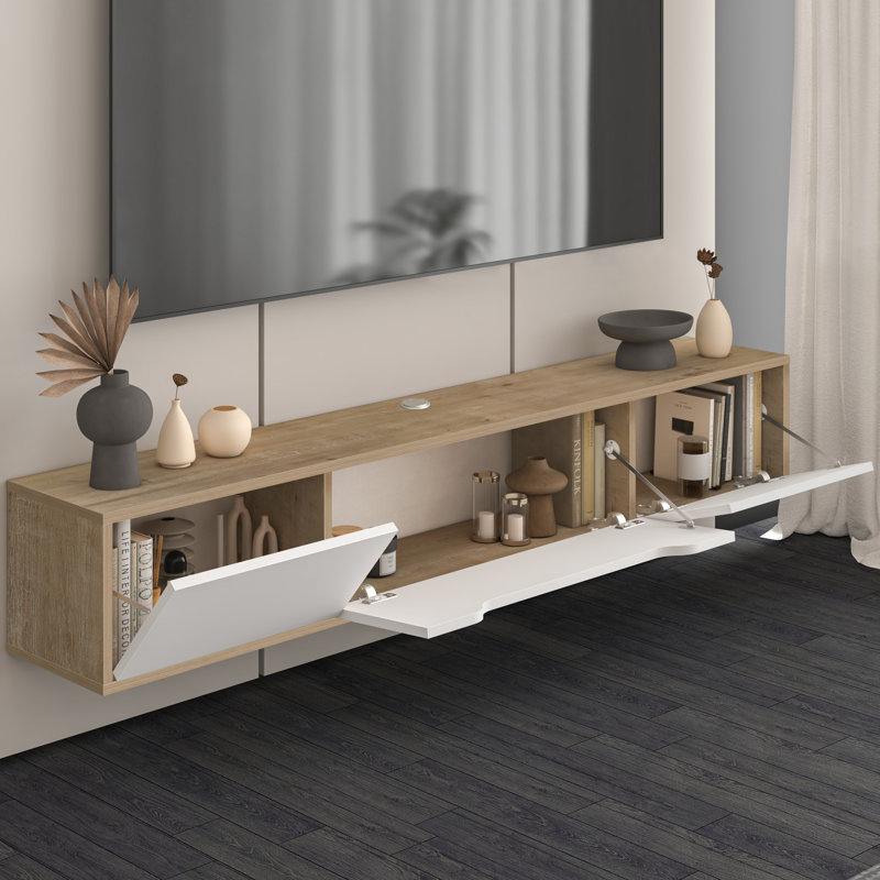 Luna Floating Tv Stand For Up To 80" Tv Wall Mounted Media Console, Natural Wood/White