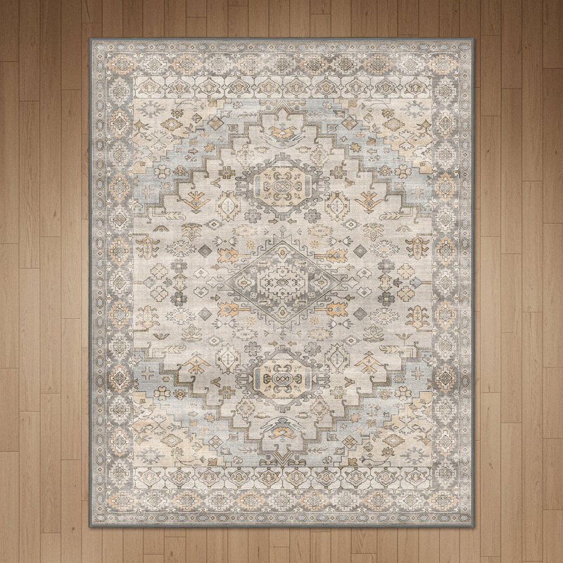 Tapis oriental oriental taupe / gris lavable à la machine antidérapant, Taupe, Rectangle 6 pi x 9 pi
