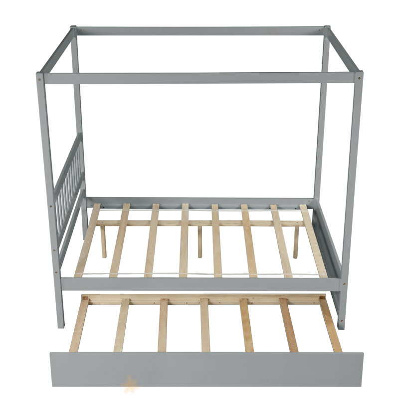Lit à baldaquin avec lit gigogne simple, cadre de lit plateforme en bois massif pour enfants avec tête de lit