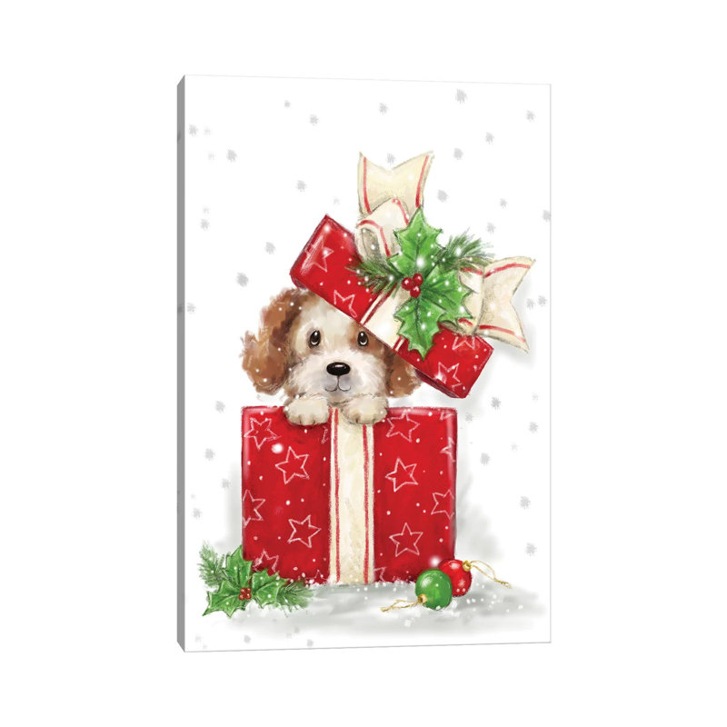 Dog In Present by MAKIKO - Wrapped Canvas Print, 30.48 cm H x 45.72 cm W